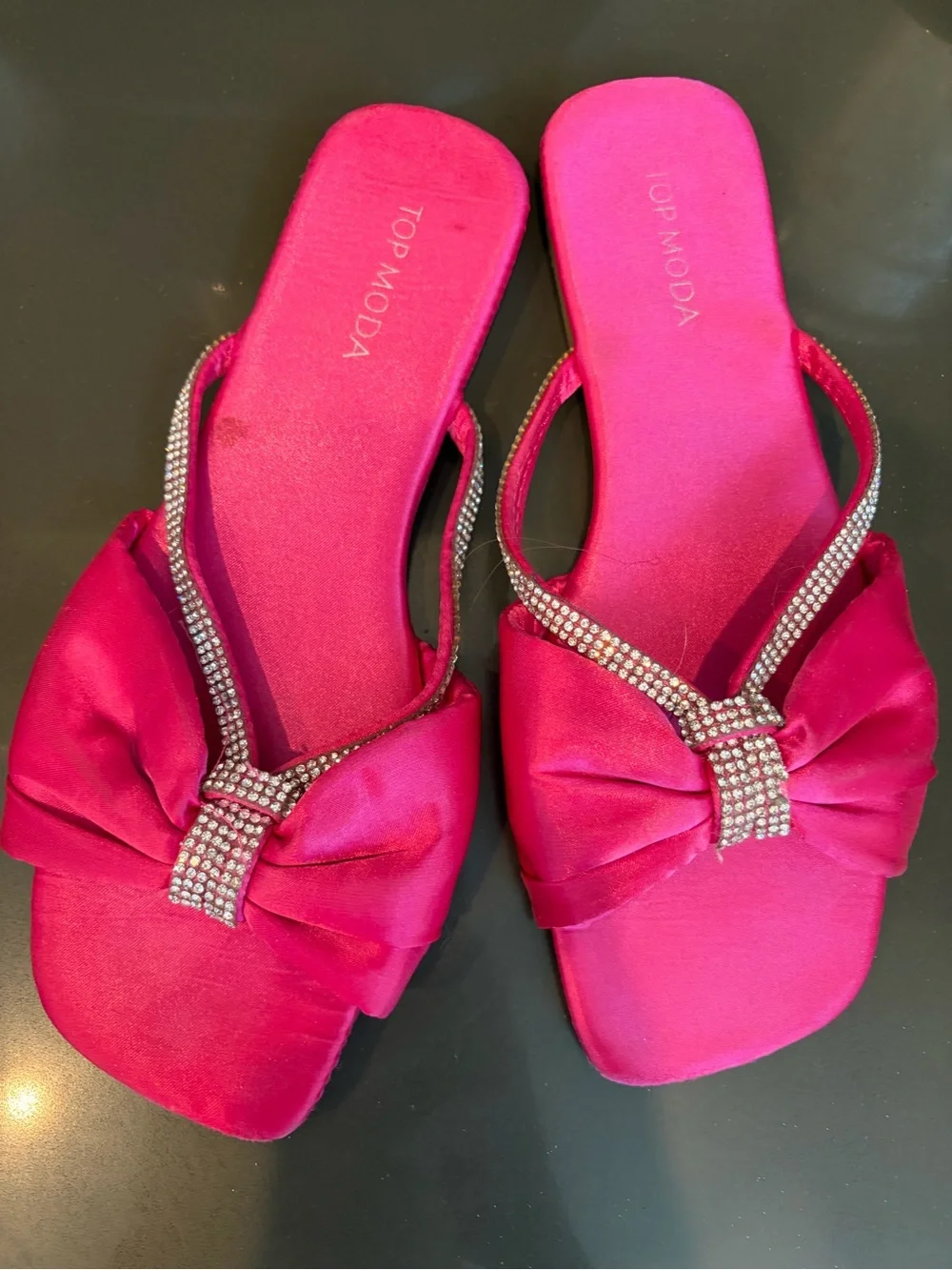 TOP Moda Hot Pink Rhinestone Bow Slide Sandals